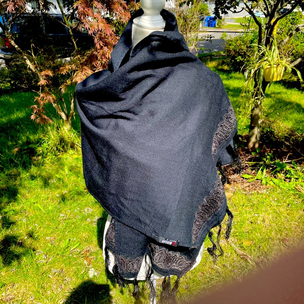Morgan De Toi’s Laced Fringe Shawl, Pashmina, Wrap, Scarf in Black